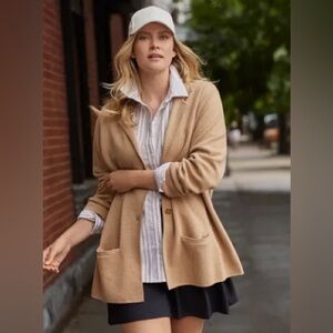 Lands’ End Women’s Large Tan 100% Cotton Fine Gauge Knit Blazer Sweater Classic